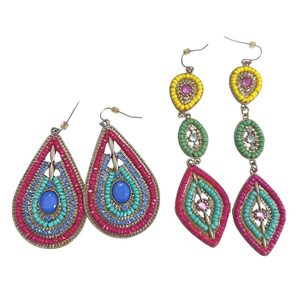 Lot of 2 Boho Beaded Drop Earrings Teardrop Chandelier Pink Blue Yellow Green